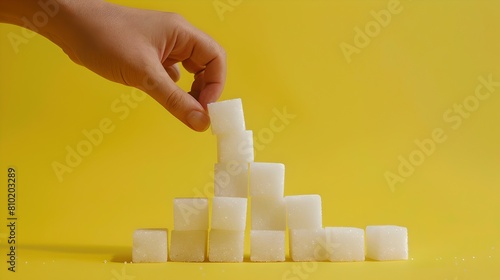 Hand placing last sugar cube on a stair-like stack against yellow background. Conceptual dietary image. Minimalistic and bold style. AI