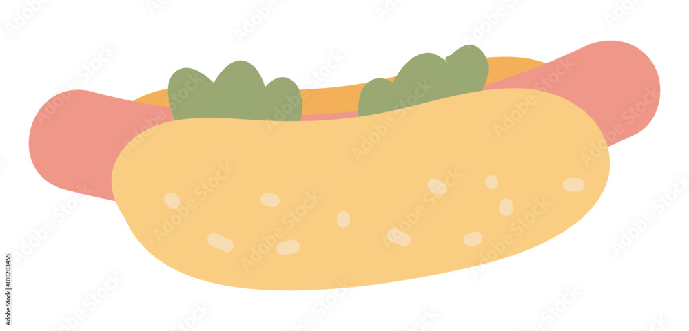 Hot dog in flat design. American fast food and tasty unhealthy dinner. Vector illustration isolated.