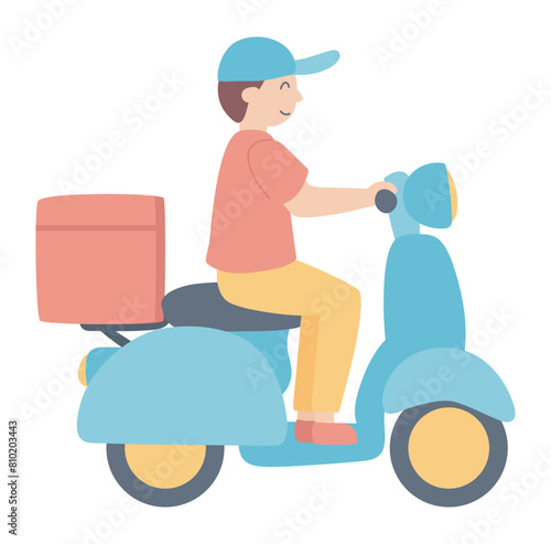 Courier on motorbike with box in flat design. Food ordering delivery. Vector illustration isolated.