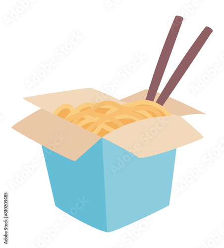 Noodle wok in paper box in flat design. Asian menu for takeout dinner. Vector illustration isolated.