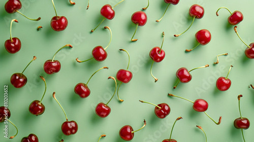 Many sweet cherries on green background