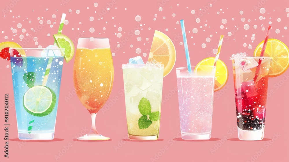 A row of colorful drinks with straws in them