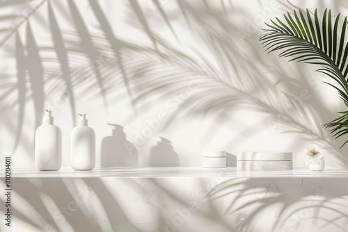 ethereal tropical skincare podium with palm shadow dappled sunlight minimalist white counter beauty treatment background luxury organic cosmetic concept illustration