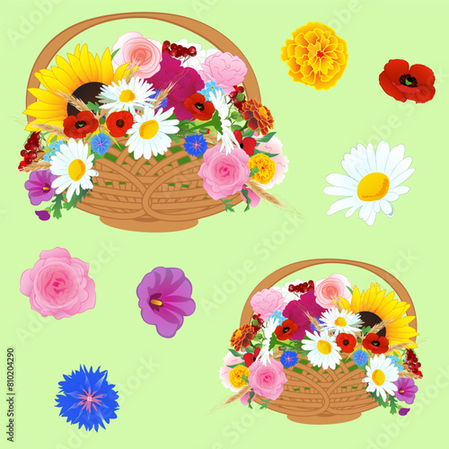 Vector seamless  pattern: baskets with flowers: marigolds, daisies, peonies, roses, cornflowers, poppies, mallow, spikelets of wheat, viburnum, forget-me-nots, sunflowers, separately flowers.