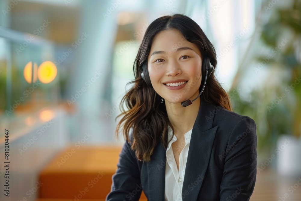 A woman wearing a headset and smiling A woman wearing a headset and smiling