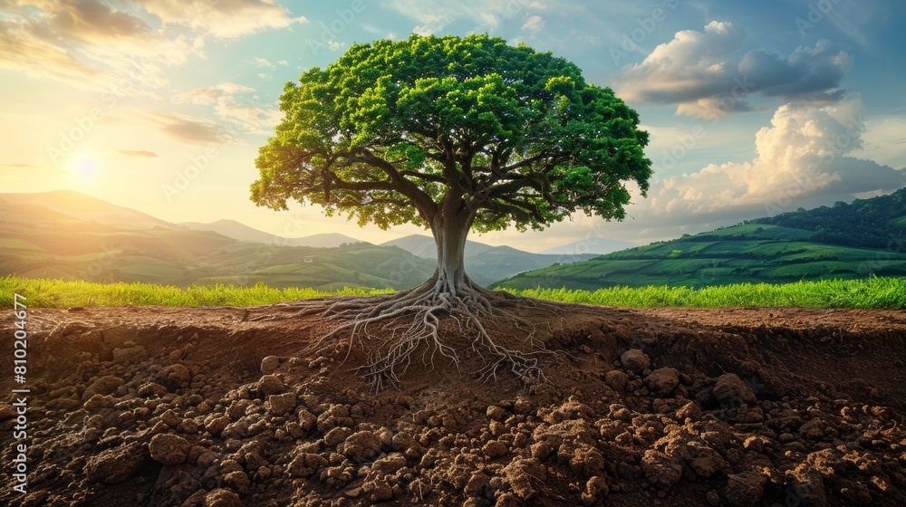 Majestic tree with exposed roots at sunset