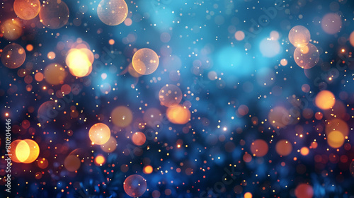 Blurred bokeh light on dark blue background. Christmas and New Year holidays template, copy space, graphic background concept