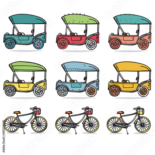 Colorful vintage golf carts bicycles line art, variety caddies bikes leisure, simple clean design. Collection classic golf carts bicycles, handdrawn style, different colors top