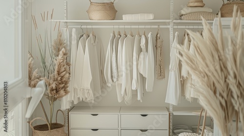 Portrait of a neatly organized closet space with a white theme, complemented by a light beige wall, creating a serene and tidy atmosphere photo