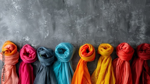 Scarf organizer in portrait format, brimming with colorful scarves against a gray backdrop, presented in high-resolution with a cinematic flair