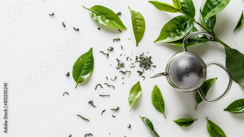 Metal infuser with green tea leaves on white background photo