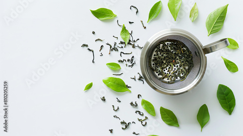 Metal infuser with green tea leaves on white background photo