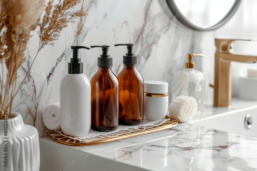 luxurious toiletries set elegantly arranged on white marble tabletop in stylish bathroom interior promoting selfcare and pampering product photography luxurious toiletries set elegantly arranged on white marble tabletop in stylish bathroom interior promoting selfcare and pampering product photography