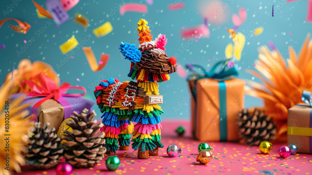 Mexican pinata with pine cones and gifts on color background