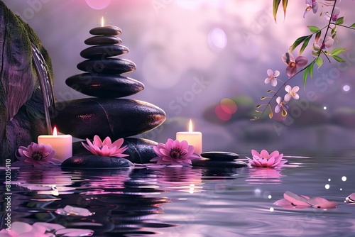 luxurious spa composition with massage stones flowing water candles and flowers promoting relaxation and wellbeing digital illustration