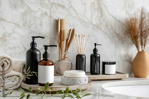 luxurious toiletries set elegantly arranged on white marble tabletop in stylish bathroom interior promoting selfcare and pampering product photography photo