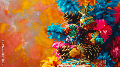Mexican pinata with pine cones and gifts on color background © franklin