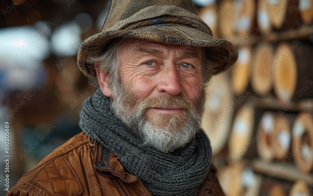 A man with a hat and scarf is smiling. He is wearing a brown jacket and scarf A man with a hat and scarf is smiling. He is wearing a brown jacket and scarf