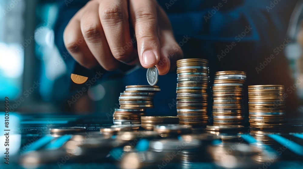 Close-up of Hand Stacking Coins on Table, Concept of Investment and Savings. Financial Planning and Growth Visualized. Personal Wealth Management. AI Close-up of Hand Stacking Coins on Table, Concept of Investment and Savings. Financial Planning and Growth Visualized. Personal Wealth Management. AI