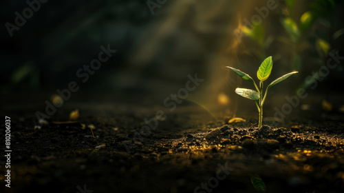 Seedling  grow and plant in forest  sun and mockup in environment  earth and leaves in soil outdoor. Agriculture  dirt and nature for carbon footprint  sustainability and project for food in garden