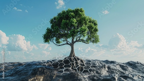 Conceptual graphic of a tree, its roots reshaped as a carbon molecule, symbolizing corporate environmental duty. Corporate carbon reduction