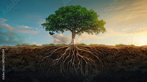 An image of a tree with carbon molecule-shaped roots showcasing the link between nature's carbon sequestration and corporate environmental responsibility. Corporate carbon reduction