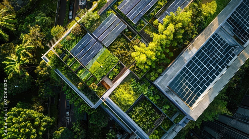 Bird's eye view of a corporate structure sporting a green roof and solar panels, exemplifying eco-friendly practices in contemporary design. Corporate carbon reduction