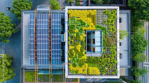 Aerial job of a corporate building with a green roof and solar panels, demonstrating environmental sustainability in modern architecture. Corporate carbon reduction