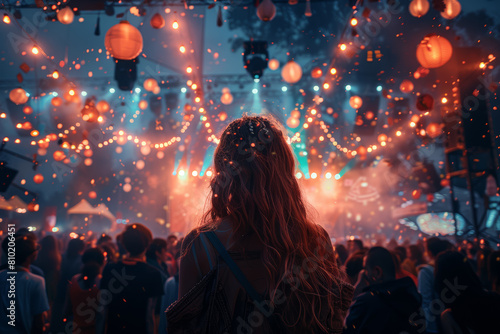 A lively music festival buzzing with the beats of eclectic sounds and the cheers of enthusiastic crowds. Concept of musical diversity and cultural celebration. Generative Ai. © Sebastian