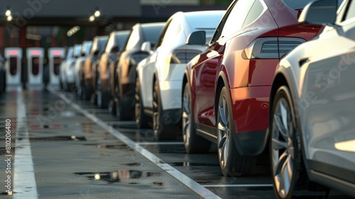 Photograph of electric cars in corporate parking, charging stations in sight, emphasizing the move to eco-friendly corporate transit solutions. Corporate carbon reduction
