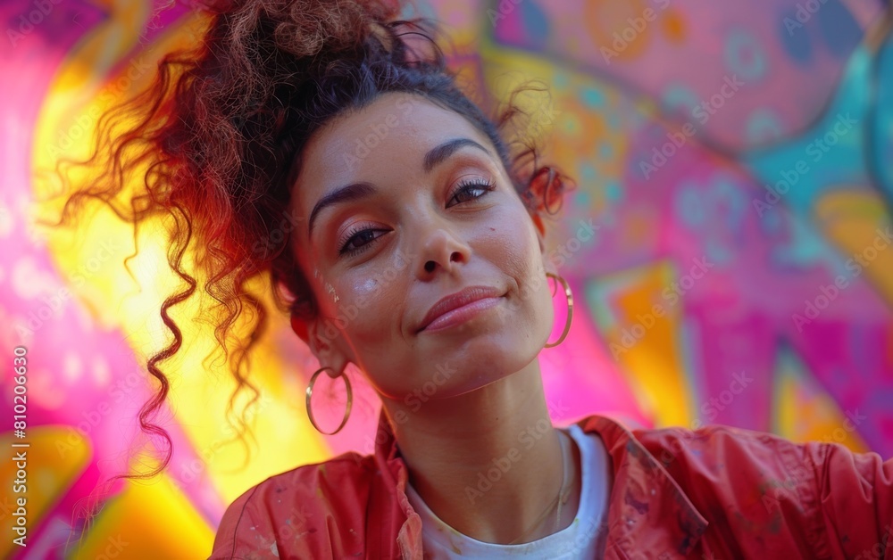 A woman with curly hair and red lips is smiling at the camera. She is wearing a red jacket and white shirt A woman with curly hair and red lips is smiling at the camera. She is wearing a red jacket and white shirt