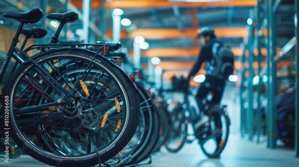 In the heart of a bustling workplace, employees utilize the bicycles from a provided bike-sharing arrangement, exemplifying sustainable travel practices. Corporate carbon reduction In the heart of a bustling workplace, employees utilize the bicycles from a provided bike-sharing arrangement, exemplifying sustainable travel practices. Corporate carbon reduction