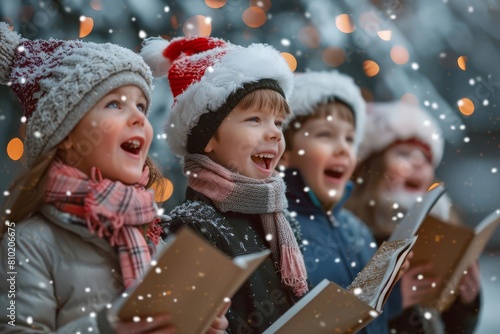 portrait of happy children singing christmas carols on snowy street traditional holiday activities concept