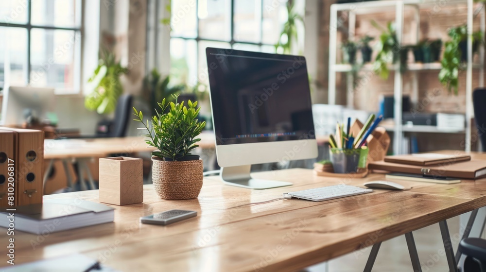 Fototapeta premium Streamlined office setup equipped with environmentally friendly materials like bamboo counters and recycled paper, signifying sustainable business ethos. Corporate carbon reduction