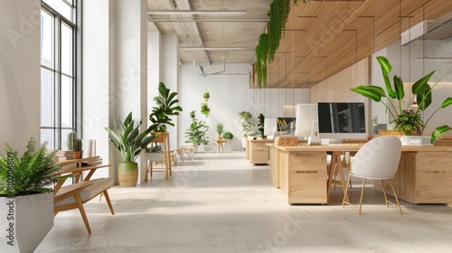 Exhibit of corporate responsibility with minimalist office decked in bamboo furniture, using recycled paper products emphasizing sustainability. Corporate carbon reduction photo