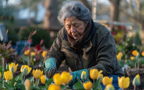 A woman is tending to a garden of yellow flowers. She is wearing a green jacket and a scarf