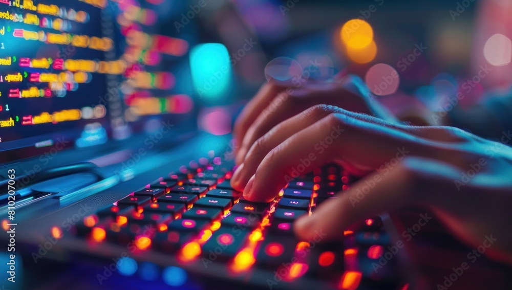 Showcase the precision of a programmer's hands typing lines of code on a luminous keyboard, with each keystroke contributing to technological innovation. Showcase the precision of a programmer's hands typing lines of code on a luminous keyboard, with each keystroke contributing to technological innovation.