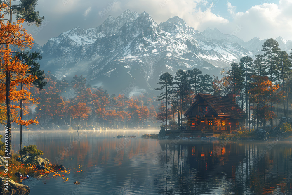 Fototapeta premium A tranquil lakeside retreat surrounded by towering pine trees, offering a serene escape from the hustle and bustle of city life. Concept of nature appreciation and relaxation. Generative Ai.