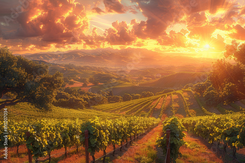A picturesque vineyard with rows of lush grapevines stretching across rolling hills  basking in the golden glow of the setting sun. Concept of rustic beauty and viticulture. Generative Ai.