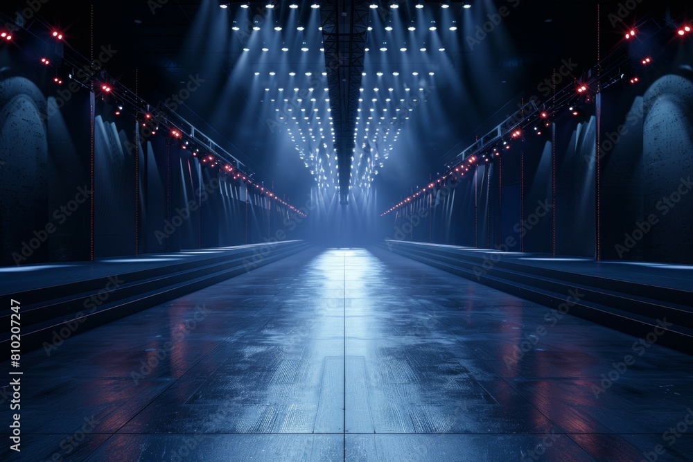 A long, empty hallway with a blue floor and red lights. Fashion show catwalk or podium stage