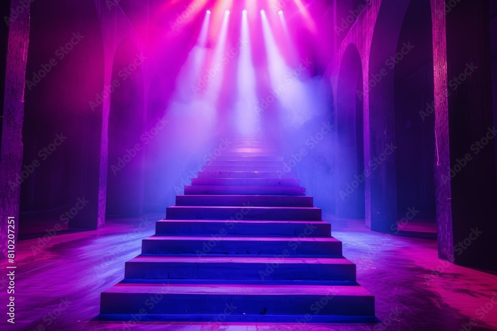 A staircase with purple lights shining on it. Fashion show catwalk or podium stage A staircase with purple lights shining on it. Fashion show catwalk or podium stage