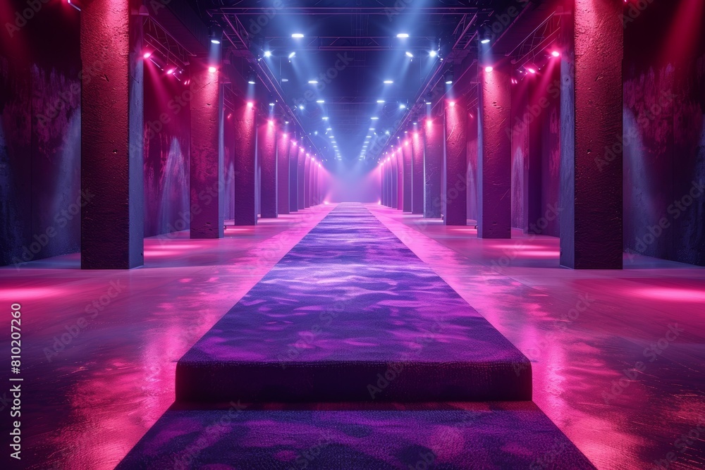 A long hallway with a pink carpet and lights. Fashion show catwalk or podium stage A long hallway with a pink carpet and lights. Fashion show catwalk or podium stage