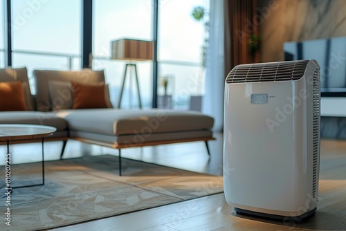 A white air purifier sits on a wooden floor in a living room. Summer heat concept photo