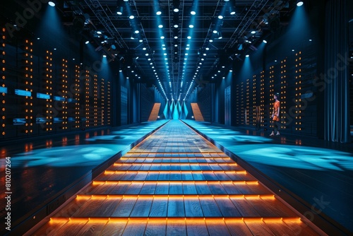 A long hallway with a blue and orange color scheme. Fashion show catwalk or podium stage photo
