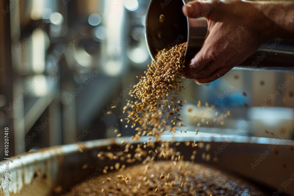 Brewer Pouring Malted Grains for Brewing Brewer Pouring Malted Grains for Brewing