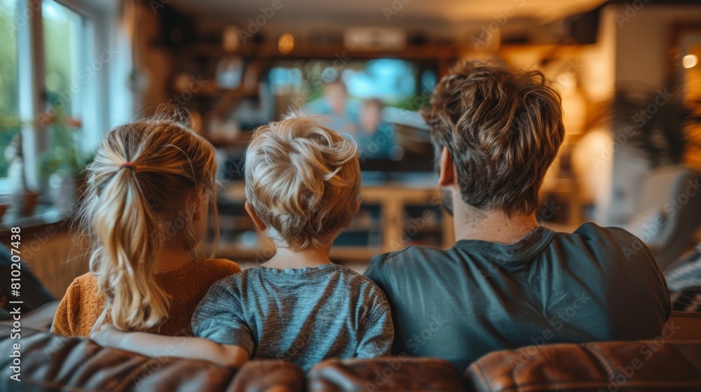 A family watching a television program in their living room with large blank screen. cottage home. A family watching a television program in their living room with large blank screen. cottage home.