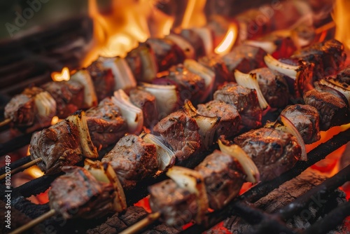 sizzling skewered meats on flaming charcoal grill juicy cuts of steak and kebabs cooking outdoors mouthwatering food photography