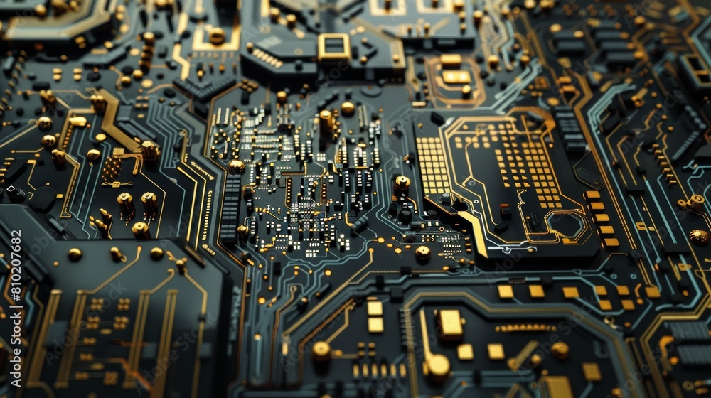 Fototapeta premium Detailed close-up of an electronic circuit board with glowing lines