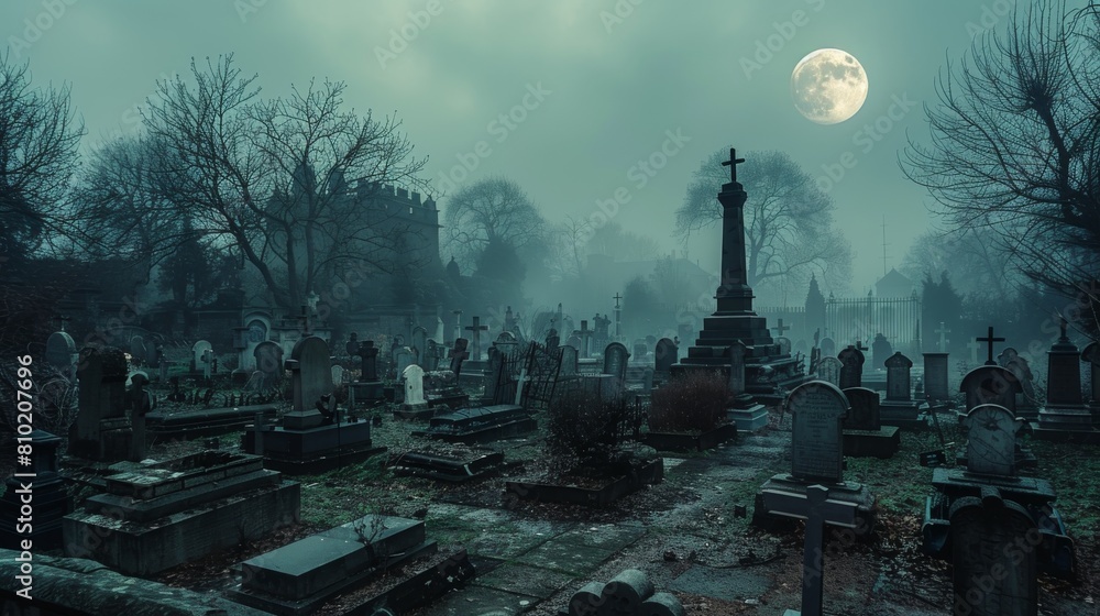 muddy night path in a spooky abandoned cemetery graveyard at night. dark fantasy misty and foggy vast landscape. muddy night path in a spooky abandoned cemetery graveyard at night. dark fantasy misty and foggy vast landscape.