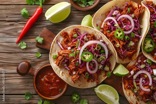 tantalizing street tacos authentic cochinita pibil on rustic wooden table traditional mexican cuisine overhead view digital illustration photo